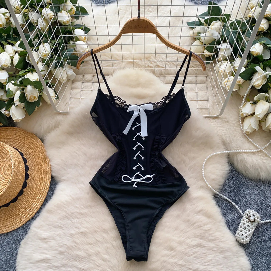 Bowknot Bodysuits One-piece Suit Women Elegant Straps Corset Jumpsuits French Slim Fit Shapewear Bodyshaper Sexy Lingerie Onesie