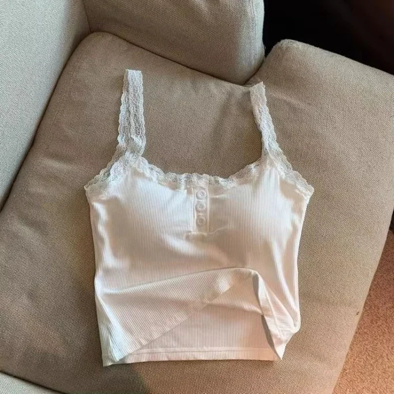 2026 Solid Color Knit Tank Top Vest Women Female Slim Undershirt Sexy Lace Camisole With Chest Pad Crop Tops Sleeveless T Shirt
