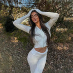 2 Piece Sets Women Knitted Tracksuit Long Sleeve Zipper Hooded Sweater Crop Top Flare Pants Stretch Matching Suit Outfit