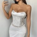 French Style Satin Strapless Vest Tank Top Women Sexy White Lace Trim Fishbone Corset Sleeveless Chic Backless Club Wedding Tops