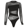 Spring Summer New Fashion Cut Cross Hollow Mesh Jumpsuit Long-Sleeved Thin O Neck Diagonal Black Charming Bodysuit Clubwear