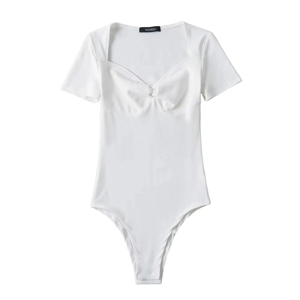 Summer Short Sleeve Square Collar Folds Bodysuits Women Elastic Slim Top Jumpsuits