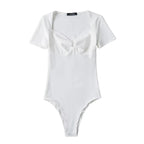 Summer Short Sleeve Square Collar Folds Bodysuits Women Elastic Slim Top Jumpsuits