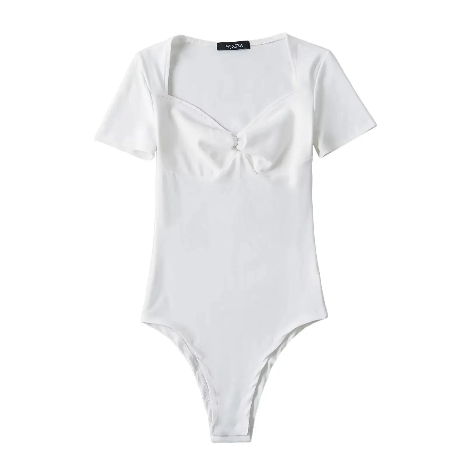 Summer Short Sleeve Square Collar Folds Bodysuits Women Elastic Slim Top Jumpsuits