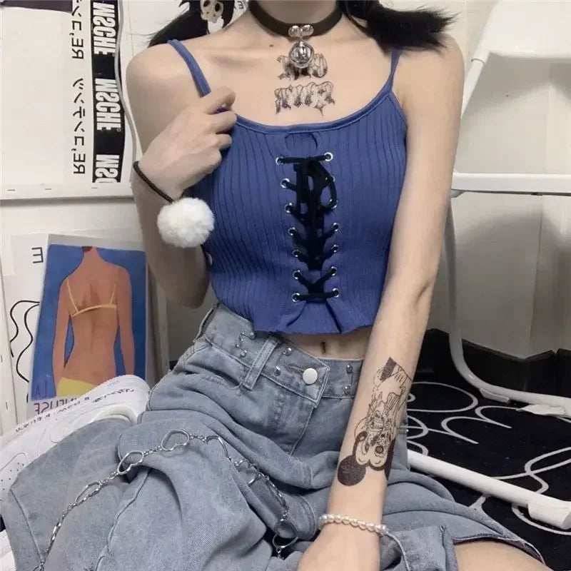 Women's Tops Backless Crop Top Sleeveless Kawaii Cute White Knitted Camis Tank Top Summer Cropped Vest Female Clothing