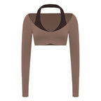 Women's Fake Two-Piece Sports Long Sleeve Halter Neck Pilates Yoga Shirt Slim Fit Fitness Sports Top Leggings Workout Tights