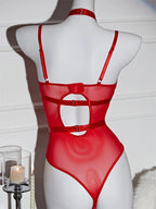 Women's Mesh PU Leather Bodysuits Sleeveless Halter Hollow Out Leotard Body Top Jumpsuits for Party Club