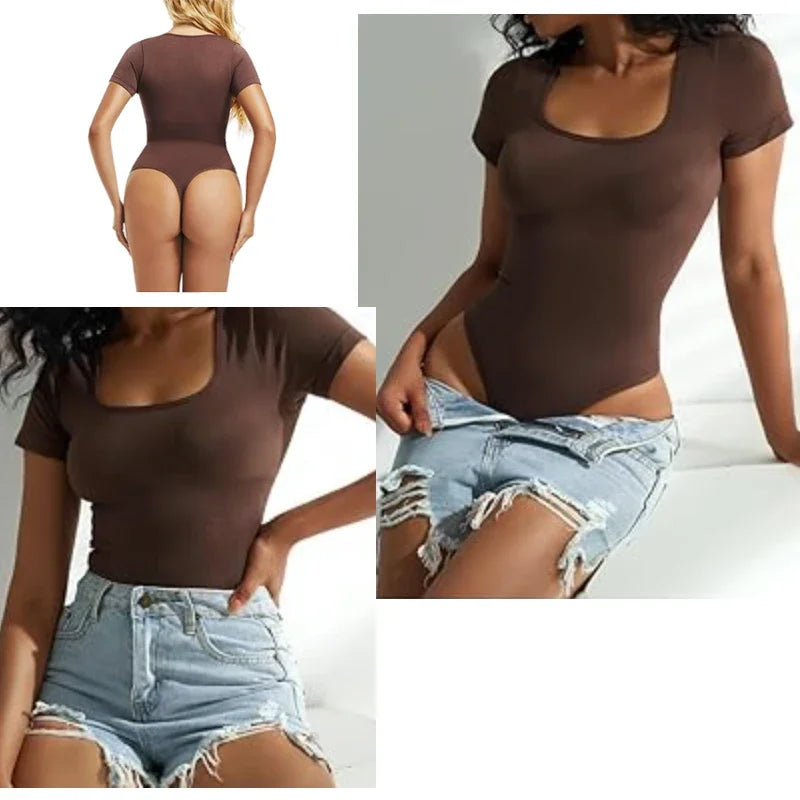 Dimmkof Bodysuits Sexy Ribbed One Piece Square Neck Short Sleeve Bodysuits Tummy Control Open Crotch Bodysuit Shapewear Suit