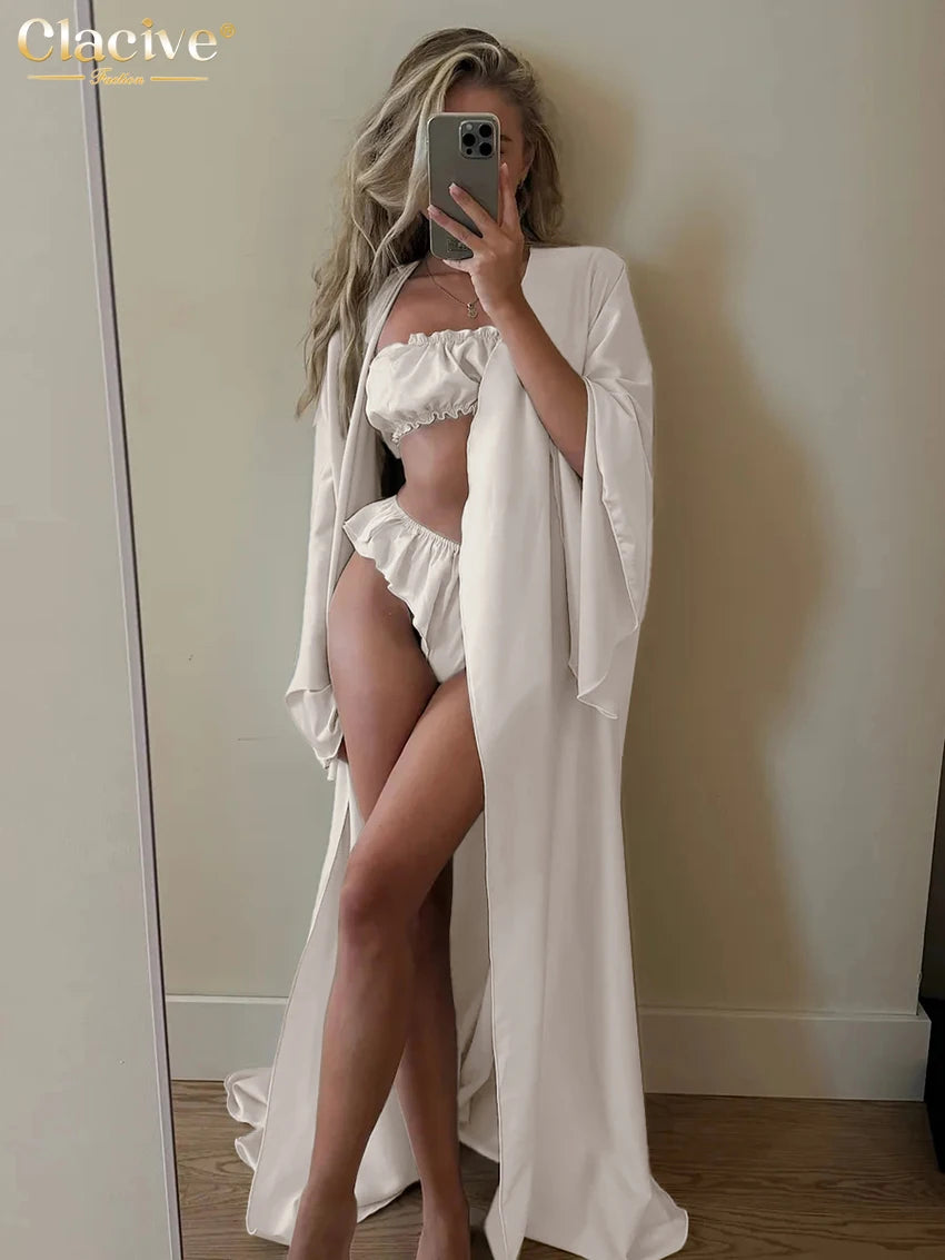Clacive Fashion Loose Beige Satin 3 Piece Sets Woman 2025 Elegant Long Sleeve Robes + Tube Top With High Waist Shorts Set Female