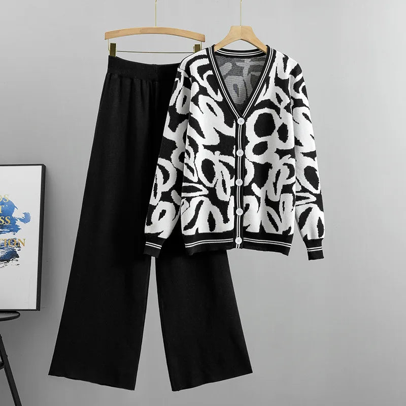 Autumn Winter 2 Pieces Women Sets Knitted Tracksuit 2024 New V-collar Single Breasted Sweater and Wide Leg Pant Suits T726