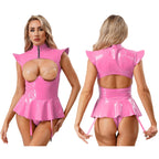 Women Lingerie PU Leather Tempting Bodysuit Breast Hollow Out Underwire Teddies Ruffled Hem Garters Jumpsuit Erotic Nightwear