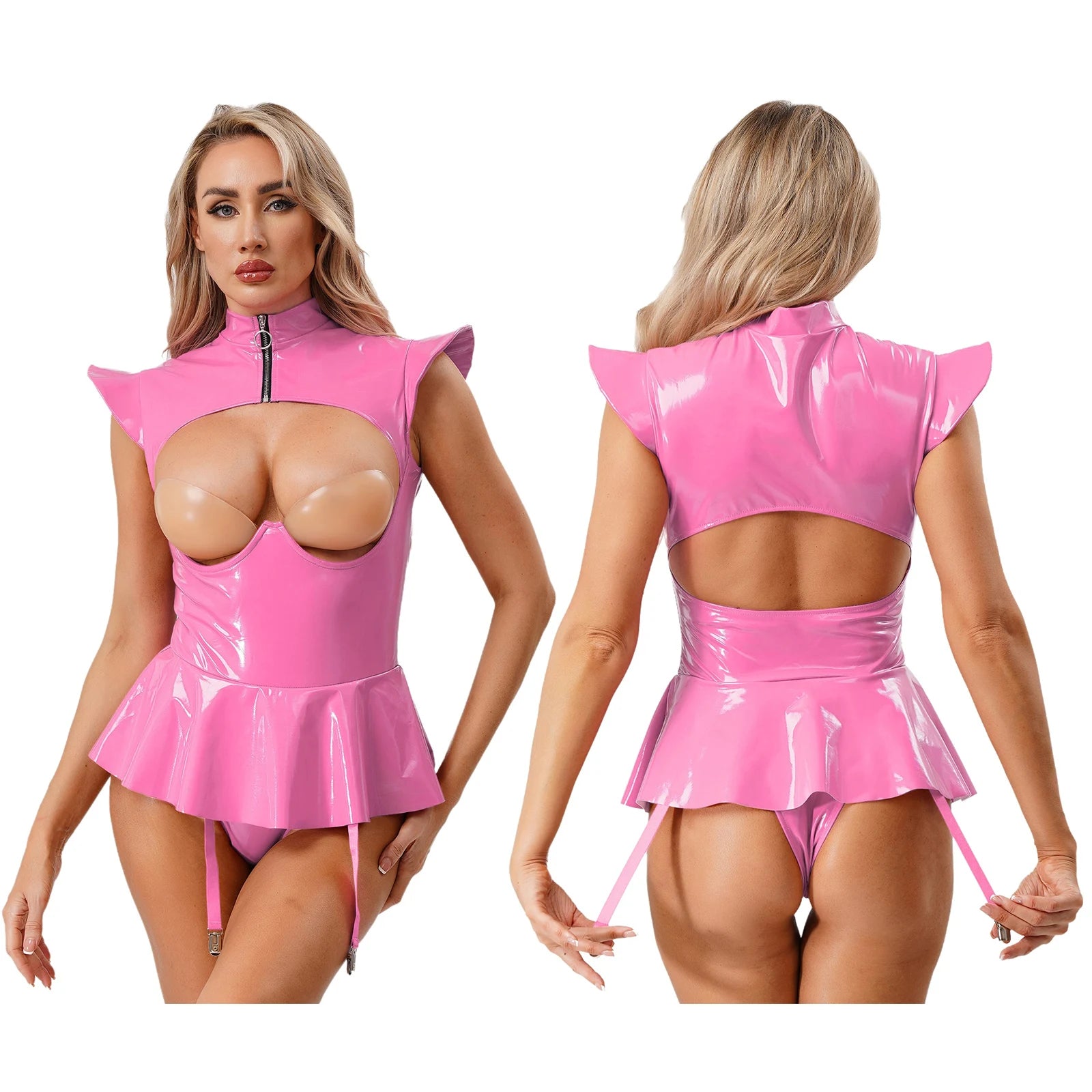 Women Lingerie PU Leather Tempting Bodysuit Breast Hollow Out Underwire Teddies Ruffled Hem Garters Jumpsuit Erotic Nightwear