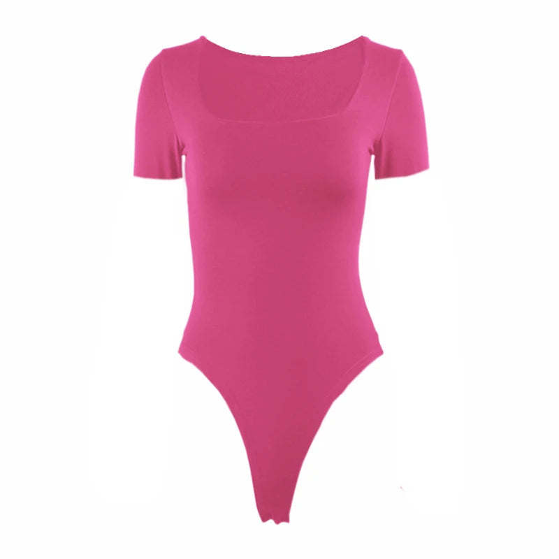Short Sleeve Bodysuits Summer Square-Cut Collar Solid Bodycon Elastic Romper Sexy Y2k Women Clothing Fashion Club Party 2521