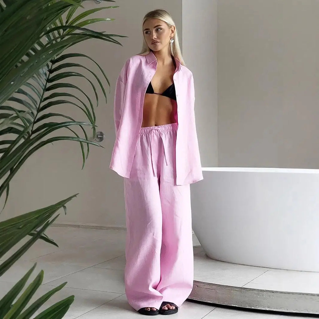 Women's Casual Solid Cotton Linen Pant Sets Chic Laple Single Breasted Long Sleeve Shirt Elasticity Waist Pant New Two Piece Set