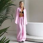 Women's Casual Solid Cotton Linen Pant Sets Chic Laple Single Breasted Long Sleeve Shirt Elasticity Waist Pant New Two Piece Set