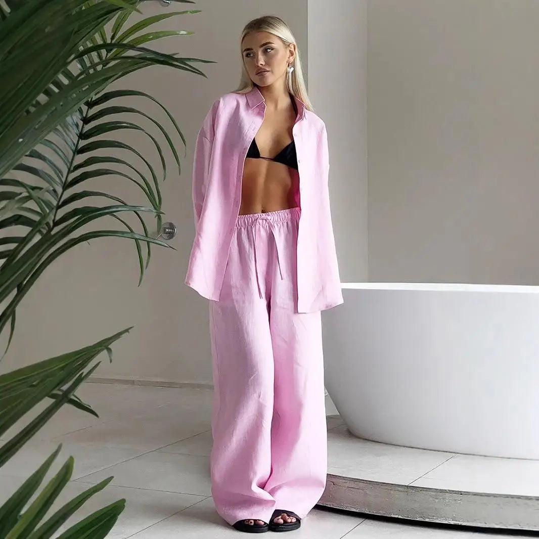 Women's Casual Solid Cotton Linen Pant Sets Chic Laple Single Breasted Long Sleeve Shirt Elasticity Waist Pant New Two Piece Set