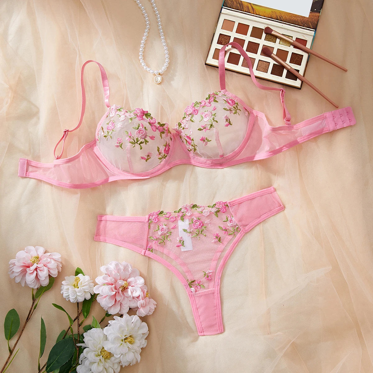 Sexy Lingerie Women Thin Transparent Lace See Through Erotic Underwear Bra And Panty Set Sleepwear Suit Embroidery Floral No Pad