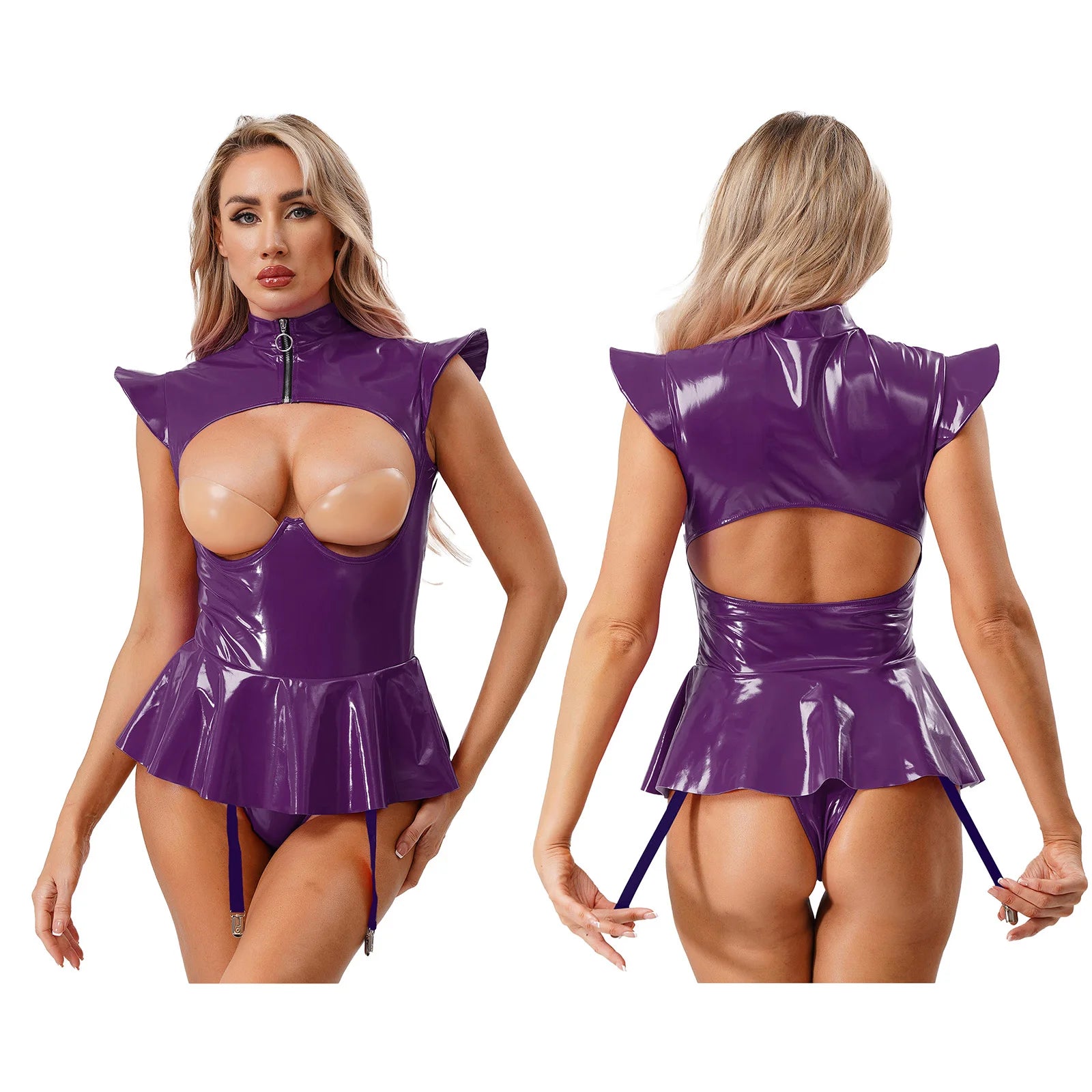 Women Lingerie PU Leather Tempting Bodysuit Breast Hollow Out Underwire Teddies Ruffled Hem Garters Jumpsuit Erotic Nightwear