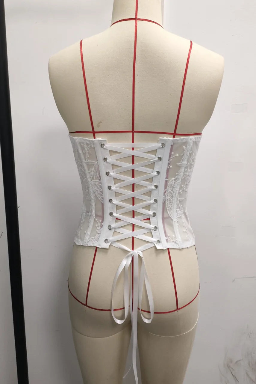 Women's White Floral Lace Strapless Corset Bustier Top with Fishbone Sheer Mesh Corset for Bridal Bachelorette Party