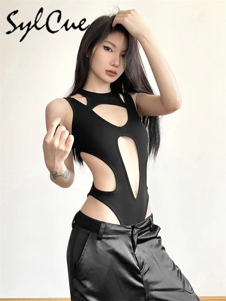 Sylcue Black Mysterious Sexy Hot Nightclub Hollow All-Match Cool Trendy Personality Mature Beautiful Open Women's Tight Jumpsuit