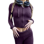 2 Piece Sets Women Knitted Tracksuit Long Sleeve Zipper Hooded Sweater Crop Top Flare Pants Stretch Matching Suit Outfit