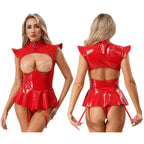 Women Lingerie PU Leather Tempting Bodysuit Breast Hollow Out Underwire Teddies Ruffled Hem Garters Jumpsuit Erotic Nightwear