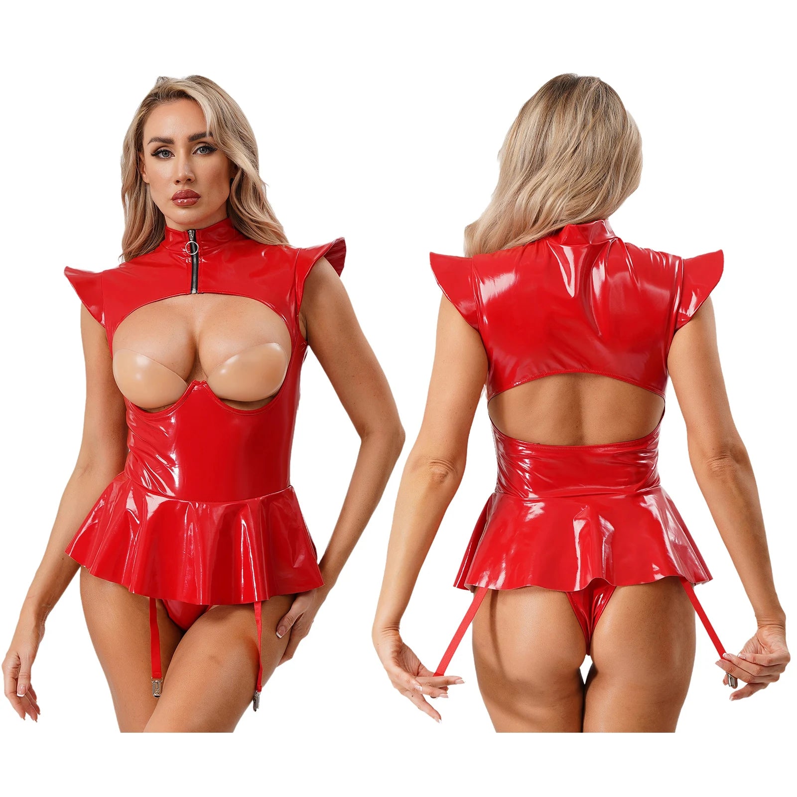 Women Lingerie PU Leather Tempting Bodysuit Breast Hollow Out Underwire Teddies Ruffled Hem Garters Jumpsuit Erotic Nightwear