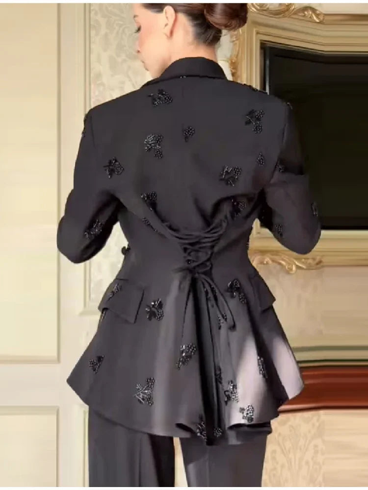 Women's New Modest Blazer Jacket Pant Casual Lapel A Line Lace Up Suit Coat Pants 2026 Trendy Commuter Wide Leg Office Outfits