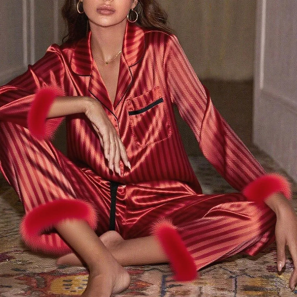 Luxurious Women's Pyjamas With Fur Striped Silky Satin Long Sleeve Pajama Set Lapel Top & Long Pants Sleepwear & Loungewear