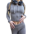 2 Piece Sets Women Knitted Tracksuit Long Sleeve Zipper Hooded Sweater Crop Top Flare Pants Stretch Matching Suit Outfit