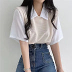 Summer Academy Style Color Blocking Polo Collar Top Fake Two-piece Short Sleeve T-shirt Women Lazy Loose Casual Versatile Blouse