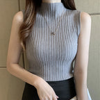 Solid Slim Thin Sleeveless Knitted Sweater 2023 Spring Summer Half High Neck Shirt for Women Elegant Casual Blouse Blusas 15662