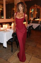 Women's Red Pleated Sling Maxi Dress Square Neck Sleeveless Off-shoulder Waist Cinching Slim Dresses Fashion Evening Party Gowns