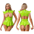 Women Lingerie PU Leather Tempting Bodysuit Breast Hollow Out Underwire Teddies Ruffled Hem Garters Jumpsuit Erotic Nightwear