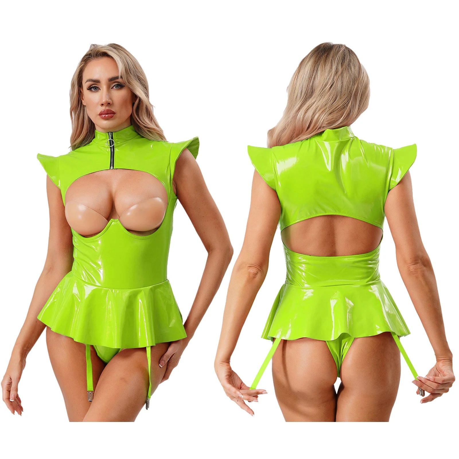 Women Lingerie PU Leather Tempting Bodysuit Breast Hollow Out Underwire Teddies Ruffled Hem Garters Jumpsuit Erotic Nightwear