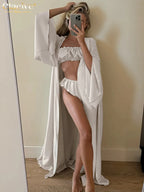 Clacive Fashion Loose Beige Satin 3 Piece Sets Woman 2025 Elegant Long Sleeve Robes + Tube Top With High Waist Shorts Set Female