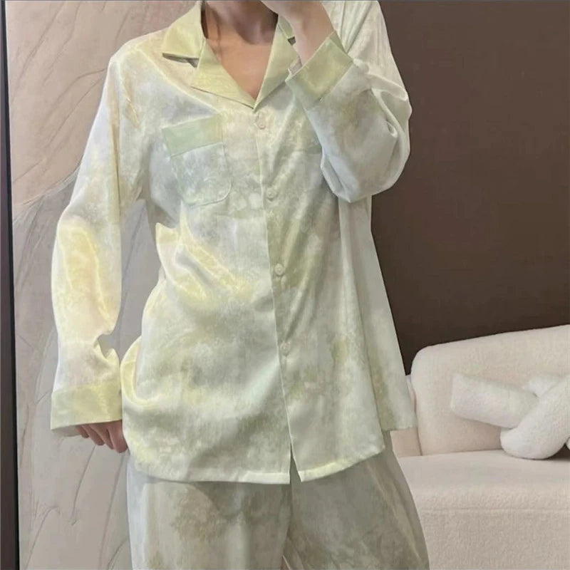 Women's Satin Pajama Set Spring New Classic Sandpainting Pajama Set Long Sleeve Button Green Pajama Lounge Pant Women Sleepwear