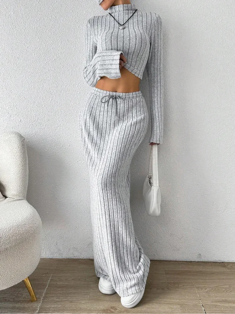 Casual Solid Exposed Navel Knitted Pants Set Women Fashion Spring Stand Collar Long Sleeved Top Lady Fashion Daily Casual Sets