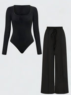Plus Size Women's Black Ribbed Long Sleeve Bodysuit + Wide Leg Pants 2-Piece Set (0XL-4XL)
