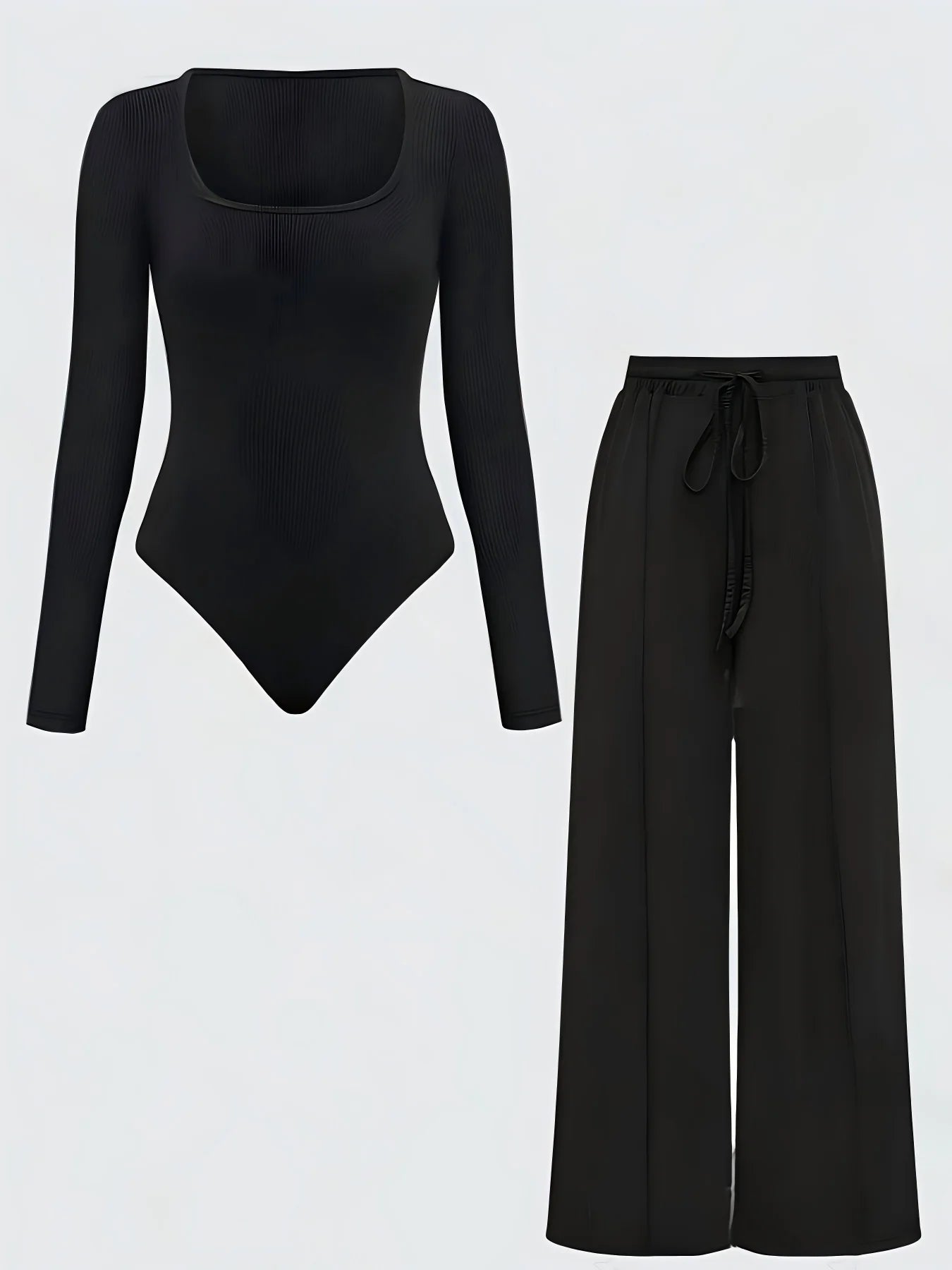 Plus Size Women's Black Ribbed Long Sleeve Bodysuit + Wide Leg Pants 2-Piece Set (0XL-4XL)