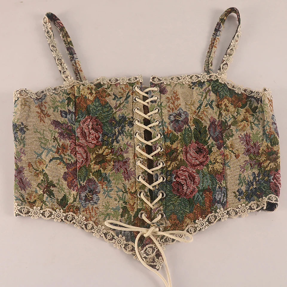 Cute Vintage Floral Jacquard Corset Embroidery Bustier Top Retro Fishbone Lace Up Corset Renaissance Korset Camisole Vest