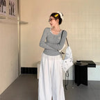 Grey Sweet Gentle Style Long Sleeve Lace Trim Lady Slim Fit Grey Top Korean Style Spring Summer 2026 New Women's T-shirt