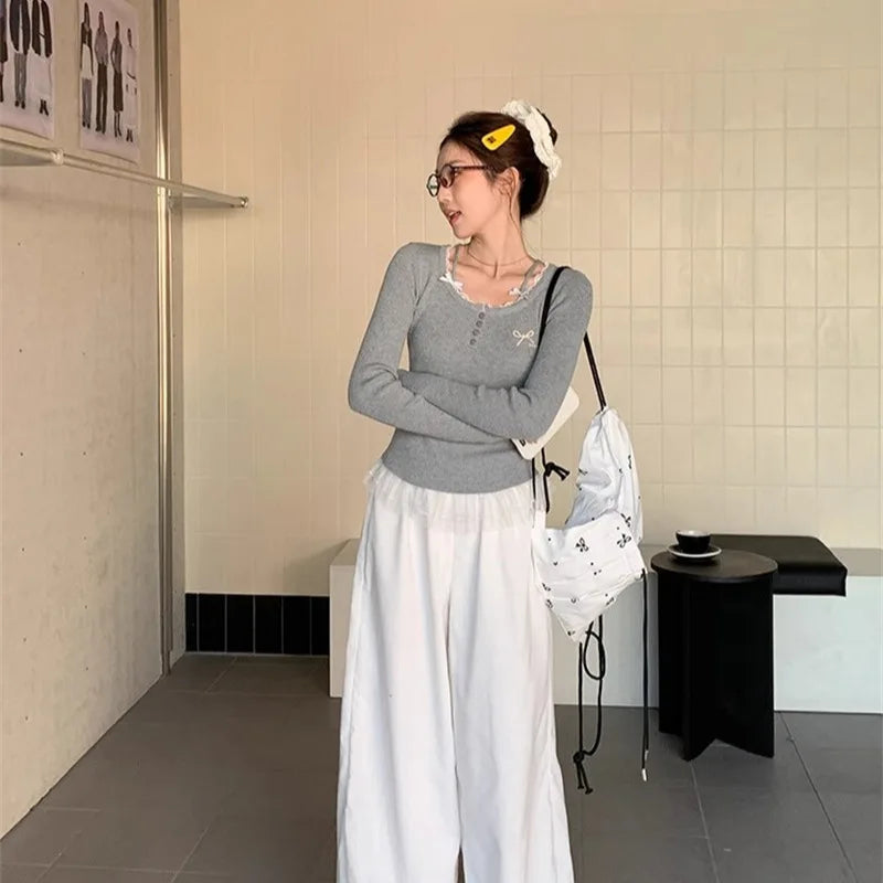 Grey Sweet Gentle Style Long Sleeve Lace Trim Lady Slim Fit Grey Top Korean Style Spring Summer 2026 New Women's T-shirt