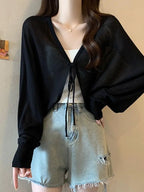 Thin Black Ice Silk Sun Protection Cardigan for Women Knitwear Summer Cover Up Large Size Lazy Sleeve Shawl Strap Outerwear Top