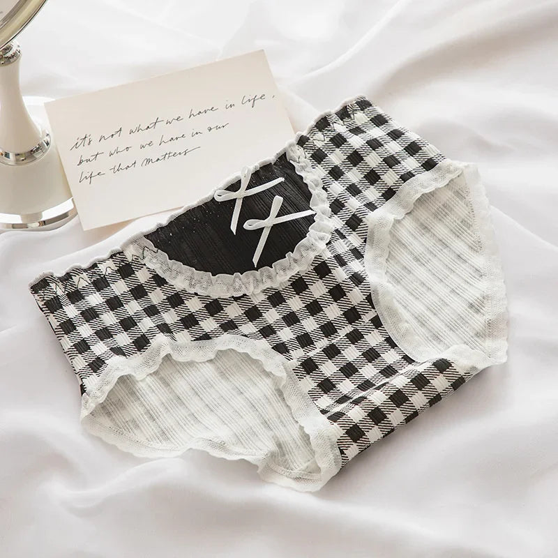 3 Pcs Cute Lolita Lace Trimming Girl Plaid Striped Underwear Summer Sexy Cotton Briefs Langerie Loli Panties