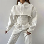 Women's Casual Sweatpants Set Belted Hooded Short Hoodie Corset Three-Piece Autumn Winter Comfortable Polyester plus Size