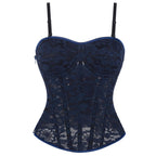 Women Lace Floral Corset Top Sexy Black Mesh Transparent Bra Side Zip Bustier Vest Gothic Spaghetti Strap Embroidery Party Camis