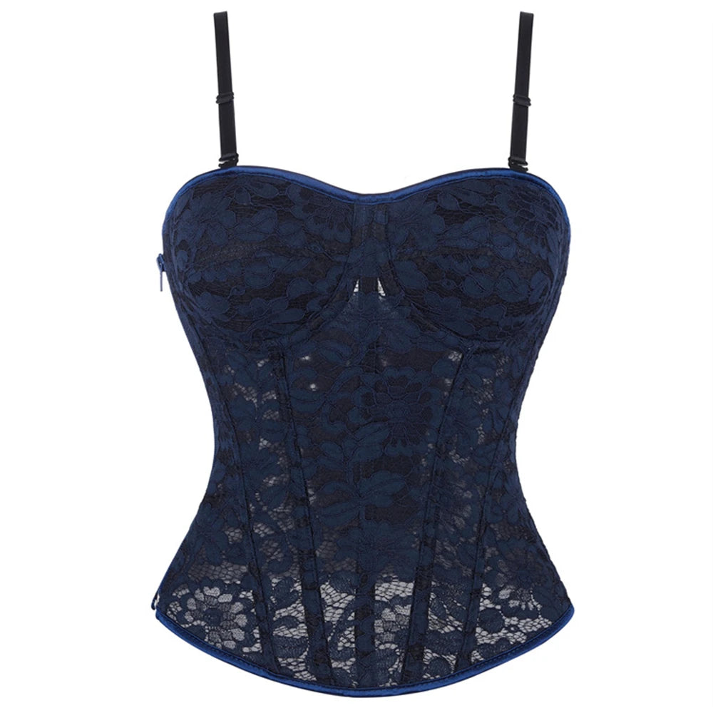 Women Lace Floral Corset Top Sexy Black Mesh Transparent Bra Side Zip Bustier Vest Gothic Spaghetti Strap Embroidery Party Camis
