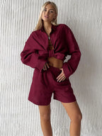Women's Casual Solid Cotton Linen Pant Sets Chic Laple Single Breasted Long Sleeve Shirt Elasticity Waist Pant New Two Piece Set