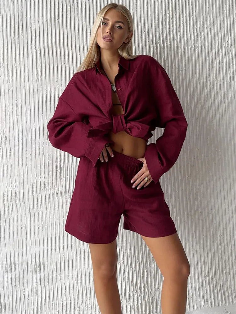 Women's Casual Solid Cotton Linen Pant Sets Chic Laple Single Breasted Long Sleeve Shirt Elasticity Waist Pant New Two Piece Set